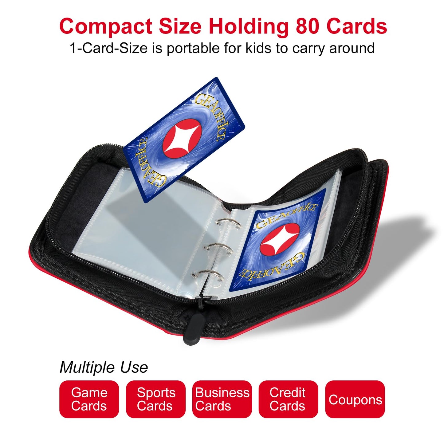 GEAoffice Mini Card Binder 1 Pocket with 80 Pockets enhanced Small 2 Pocket Trading Card Collection Album Folder with 40 Sleeves Double Sided - Gifts for Kids Red
