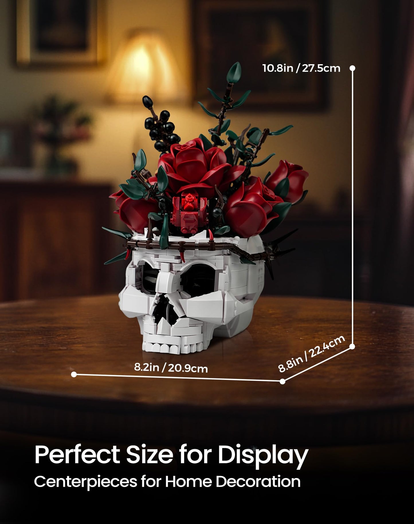 iATOM Skull Roses Flower Bouquet Building Set - Middle Size, Plastic, Gothic Decor, Red/Green/White/Black, Model IA11008