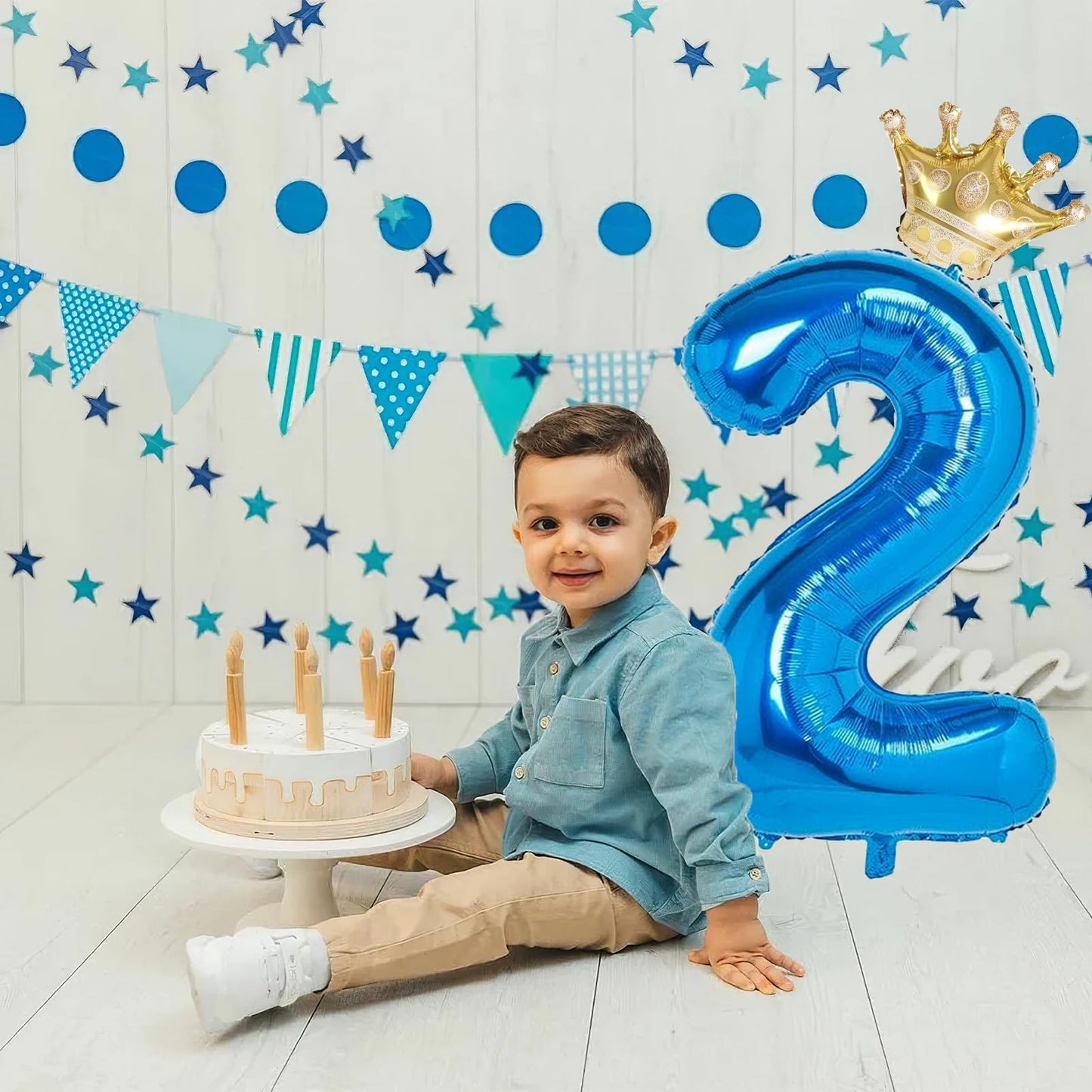 2 Number Balloon Blue 40 Inch Big Foil Crown Helium 2Nd Balloons For 2 Year Old Boy Girl Birthday Party Decorations Wedding Anni