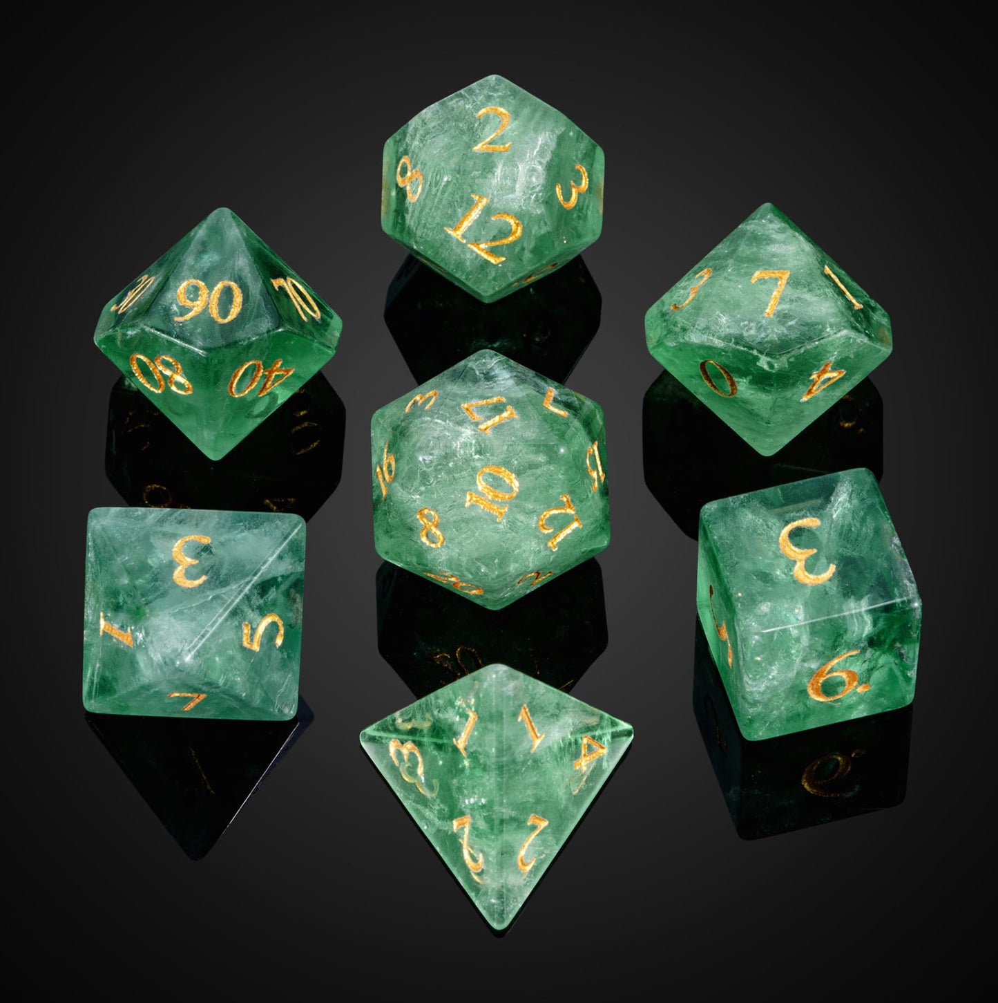 UDIXI Natural Gemstone Dice Set 7PCS Green Fluorite Crystal Stone DND Dice with Gift Case for Dungeons and Dragons Role Playing