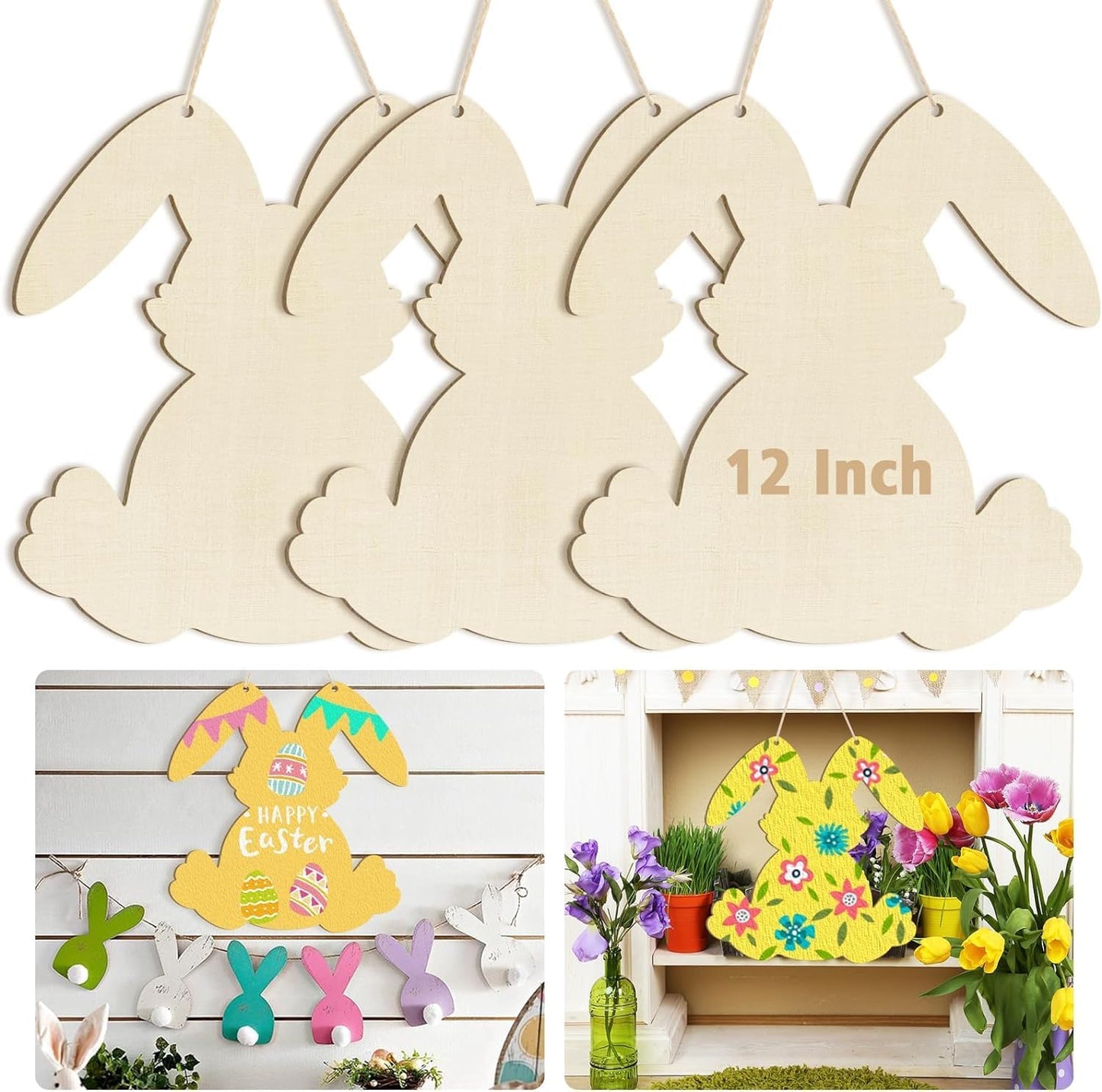 Cliths 3Pcs Wooden Easter Ornaments Diy Kit: Unfinished Round Discs For Painting, Happy Easter Bunny Door Sign, Plaque Crafts