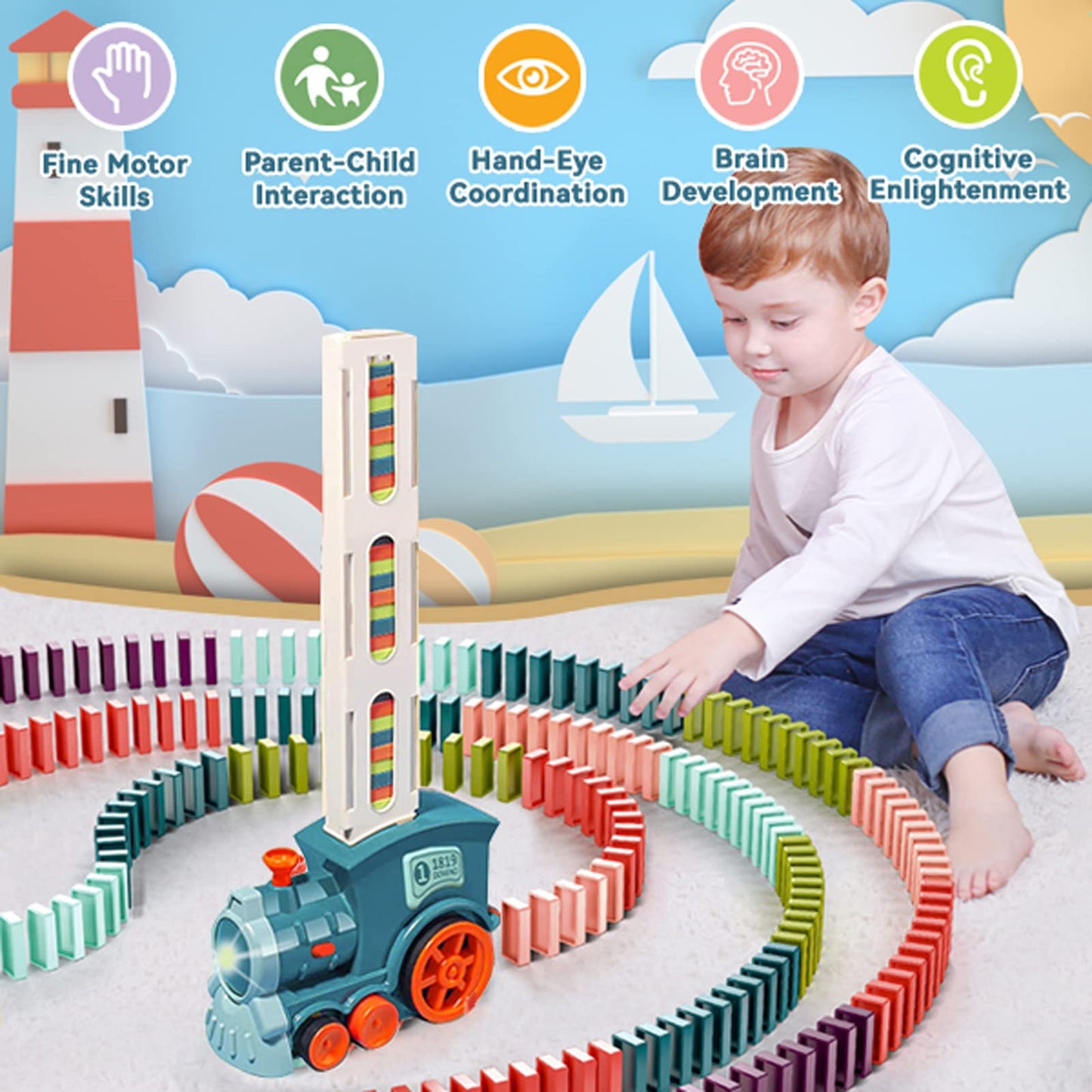 Noaideoi Domino Train Toy Set For Kids, 100 Pcs Automatic Dominoes Blocks Building And Stacking Toys Creative Kids Games Early E