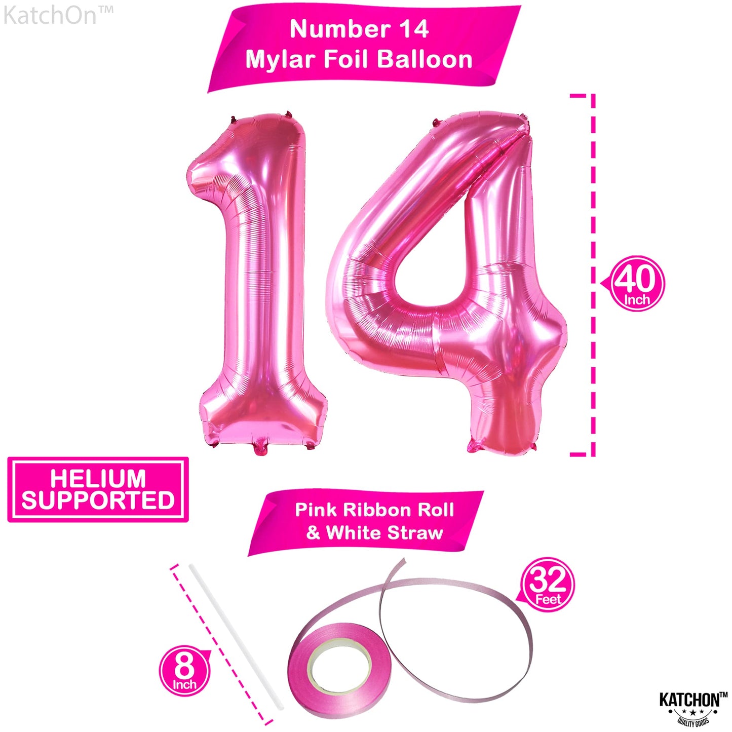 Katchon, Hot Pink 14 Balloon Numbers - Giant, 40 Inch | Hot Pink 14 Birthday Balloons For Hot Pink 14Th Birthday Decorations For Girls | Hot Pink 14 Balloons | Pink 14 Birthday Decorations For Girls