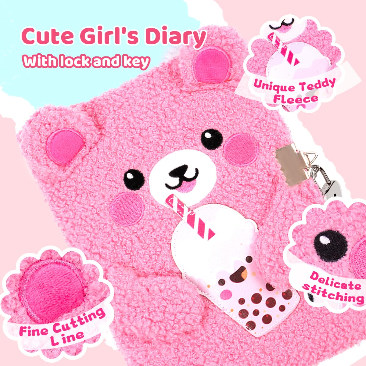 Prinbarbee Bear Diary With Lock,Cute Diary For 6 7 8 Year Old Girl,Kids Journal Notebook Set With Multicolored Pen,Plush Secret