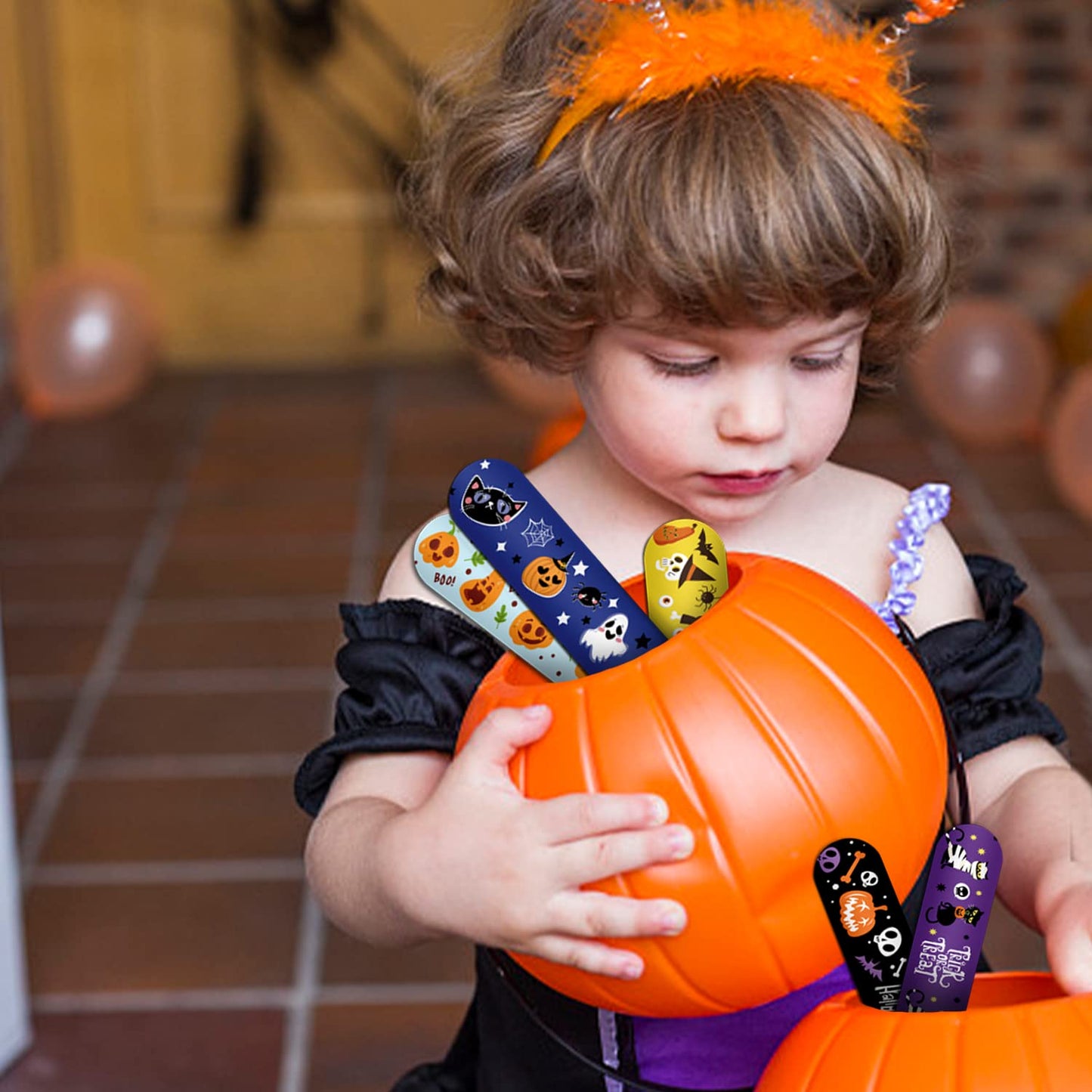 KIMOBER 48PCS Halloween Slap Bracelets,Assorted Snap Wristbands with Pumpkin Witches Ghost Skeleton for Kids Party Favors