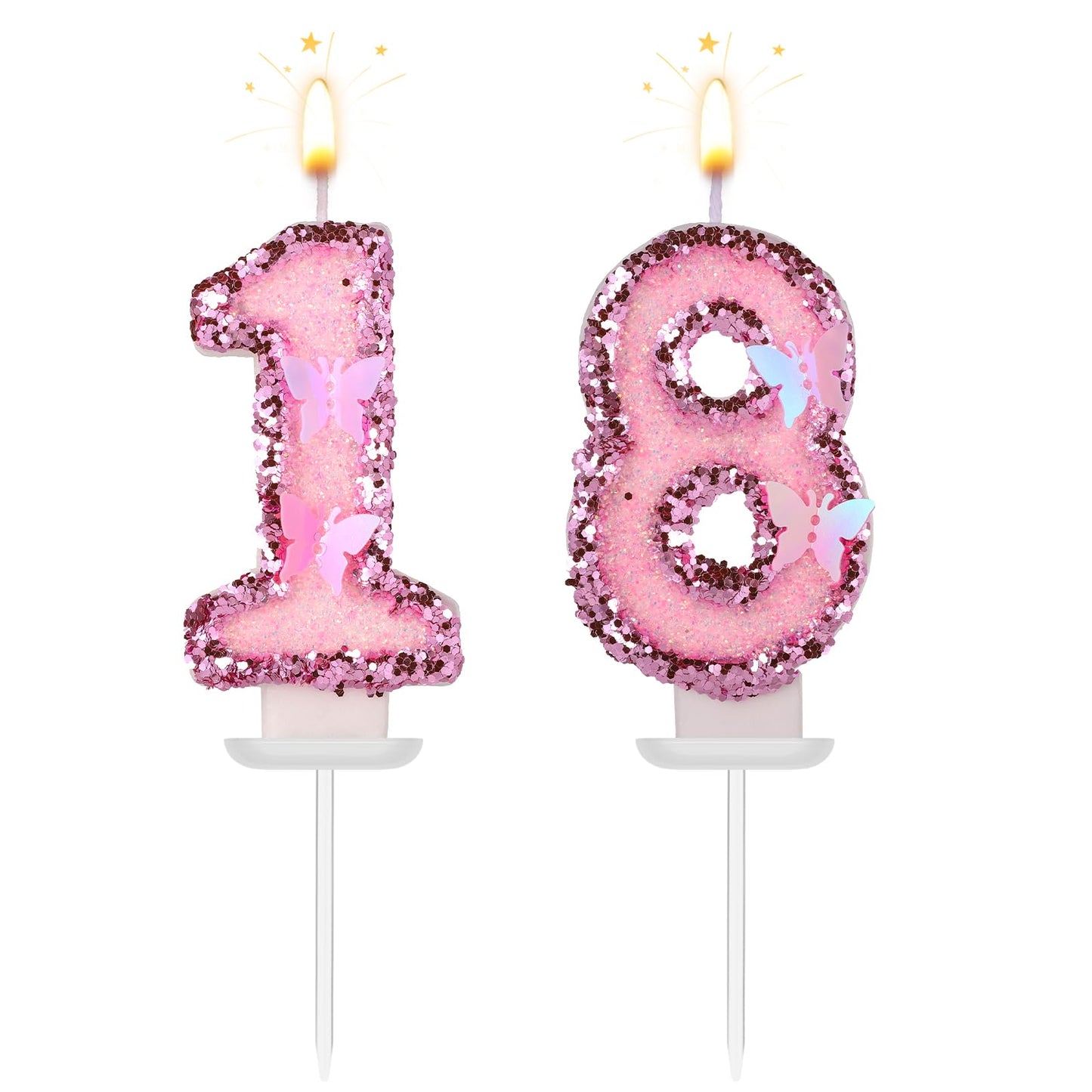 Girls Birthday Number 18 Candles, 2.95in Glitter Butterfly Happy Birthday Cake Toppers Pink Sequins Wedding Numeral Cupcake Deco