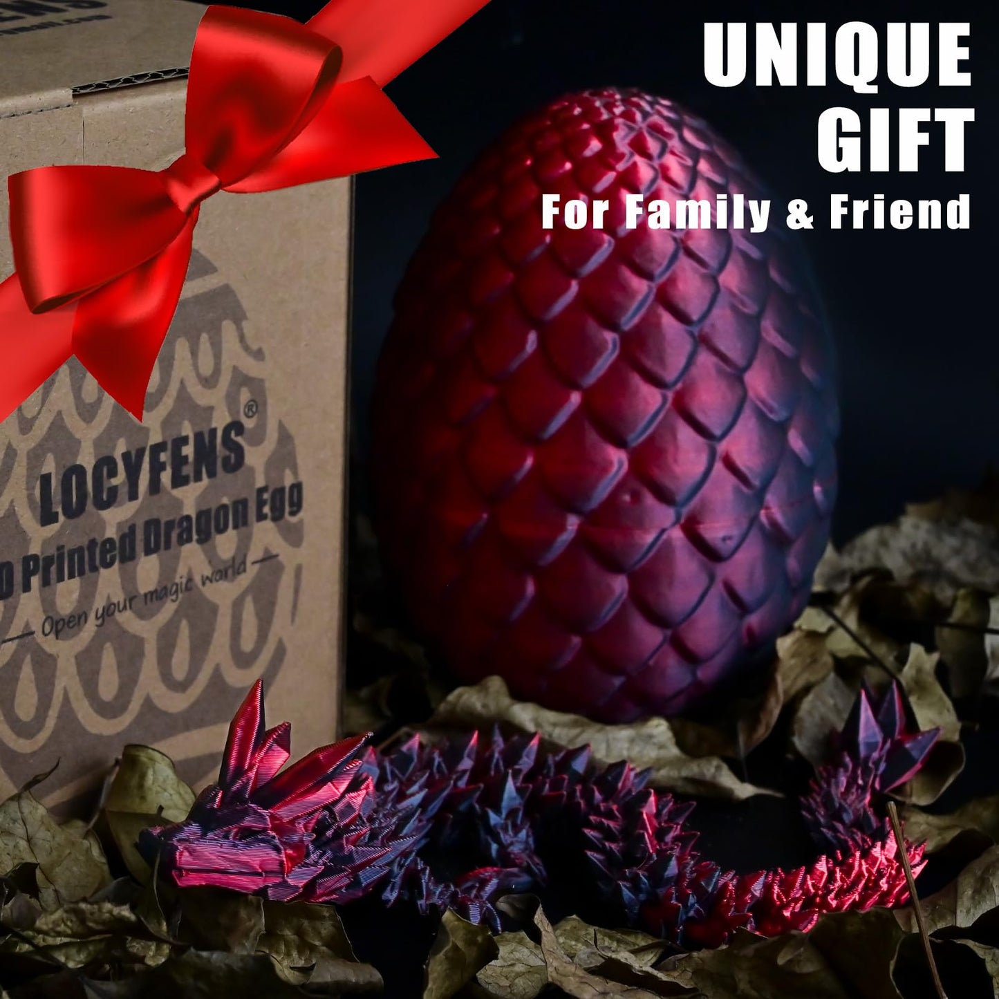 LOCYFENS 3D Printed Dragon Eggs with Articulated Dragon, 12" Black Red, PLA Material, Model D-01