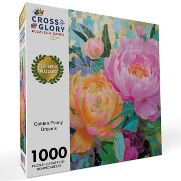 Cross & Glory 1000 Piece Jigsaw Puzzle - Golden Peony Dreams, Large, Premium Quality, Mosaic-Inspired Artwork with Gold Leaf Details