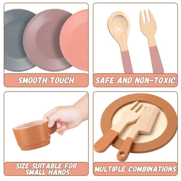 GAGAKU Wooden Dishes Kids Wooden Dishes for Play Kitchen Kids Play Dish Set Wood Plates Set for Toddler Montessori Wooden Kitche