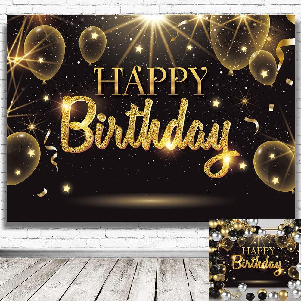 Iiiluyot Black Gold Happy Birthday Party Decorations Backdrop, Golden Balloons Glitter Star Birthday Party Photo Background Bann