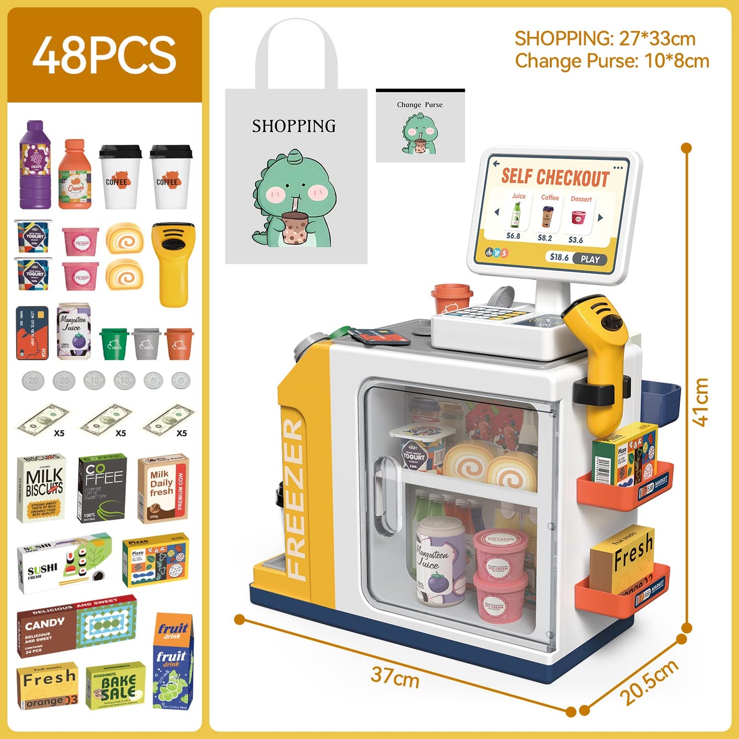POFJOEQ Cash Register Playset for Kids - 48PCS Pretend Play Money, Calculator, Scanner, Credit Card and Play Food for Boys and G