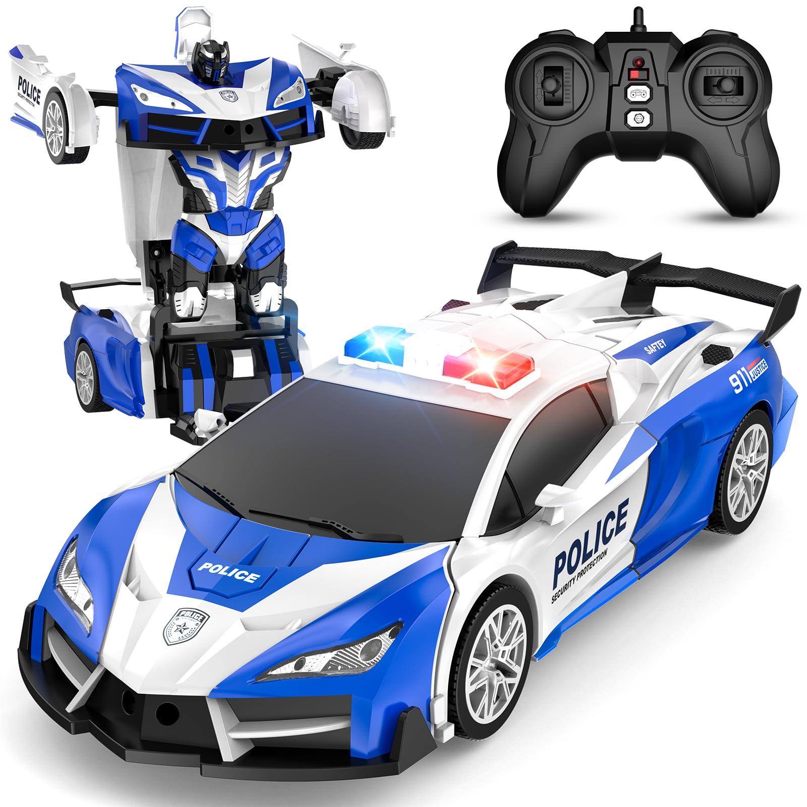 Febyhim Remote Control Car For Boys 4-7, 2.4Ghz Rc Car 1:18 Scale, One-Button Transforming Toy With 360 Spins, Led Lights (Blue)