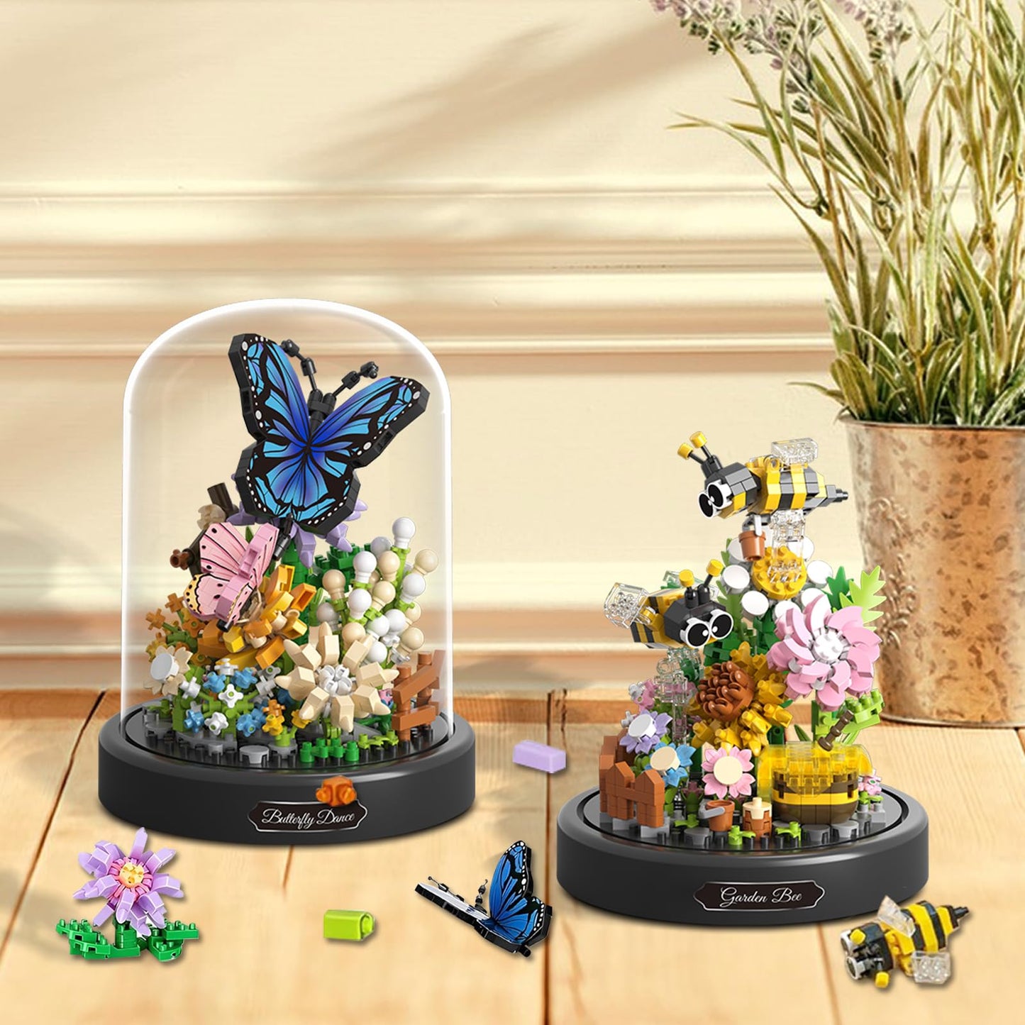 2 Flowers Bouquet Building Set Insect Collection Not Compatible With Lego, Mini Animals Bee & Sunflowers, Butterfly & Rose Botan