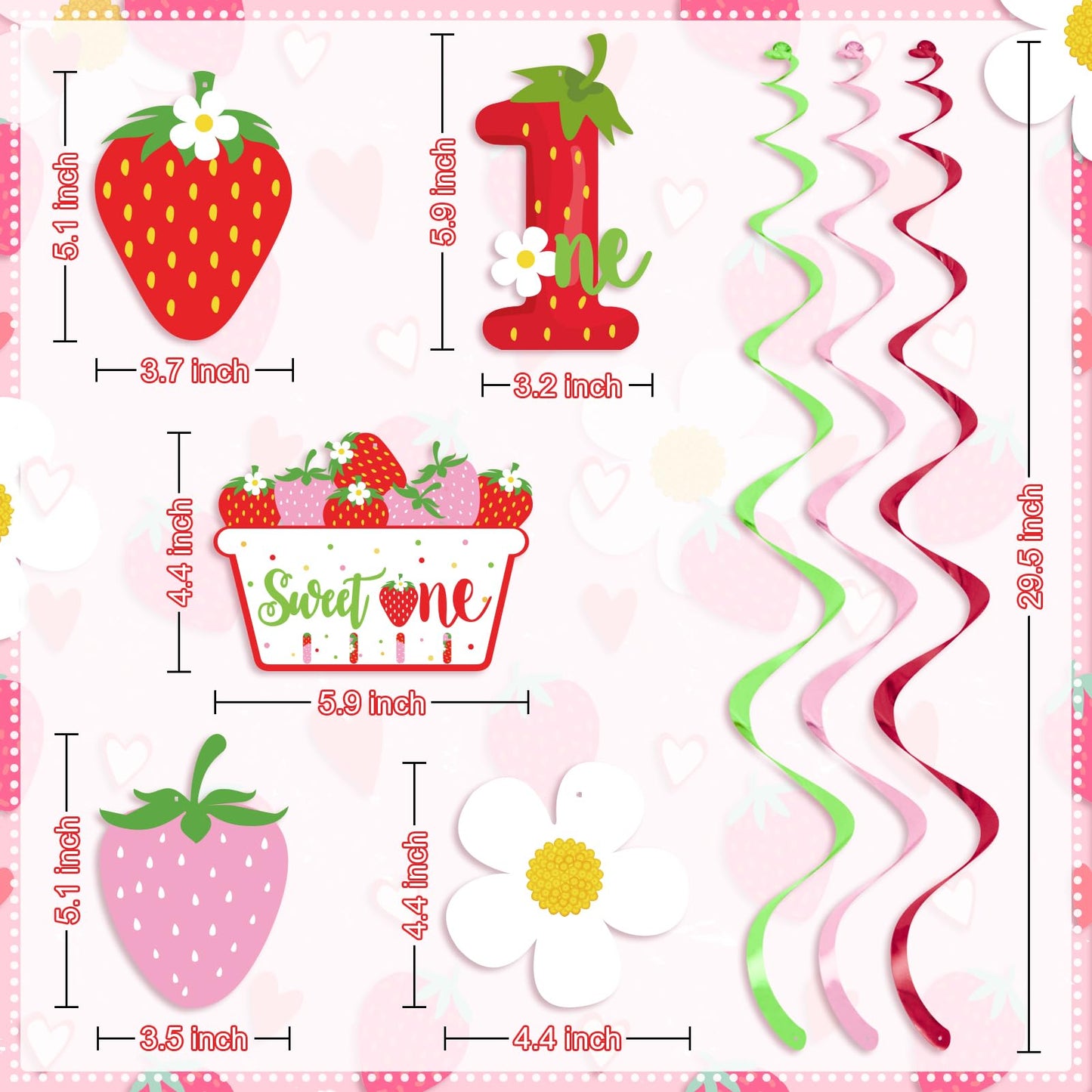 Strawberry Swirls 1st Birthday Decor - Hanging Streamers for Sweet Ones Berry Themed Party Supplies