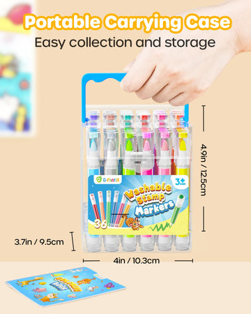D-FantiX 36 Colors Washable Markers Set for Kids, Portable Box, Multicolor, TG677, Perfect for Back to School Supplies and Road Trip Activities