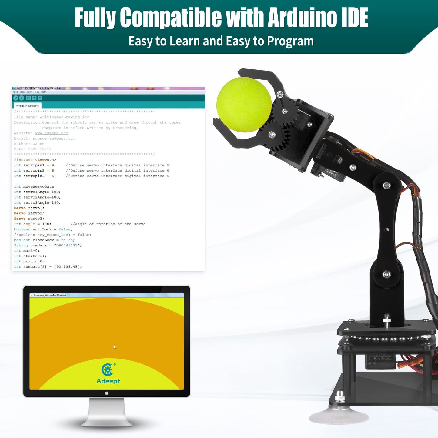 Adeept 5Dof Robotic Arm Kit Compatible With Arduino Ide, Programmable Diy Coding Stem Educational 5 Axis Build Robot Arm, Robot Starter Kit With Oled Display Processing Code And Tutorials - Black