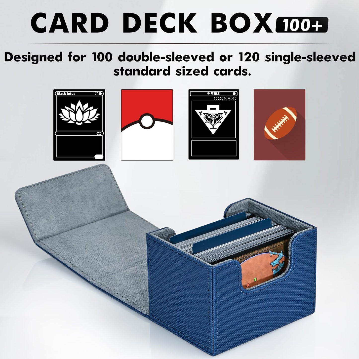 Zlca Card Deck Box For Trading Cards, Mtg Commander Deck Box Holds 120+ Single Sleeved Cards, Leather Magnetic Card Storage Box Fits For Tcg Ccg Magic Cards (Blue)