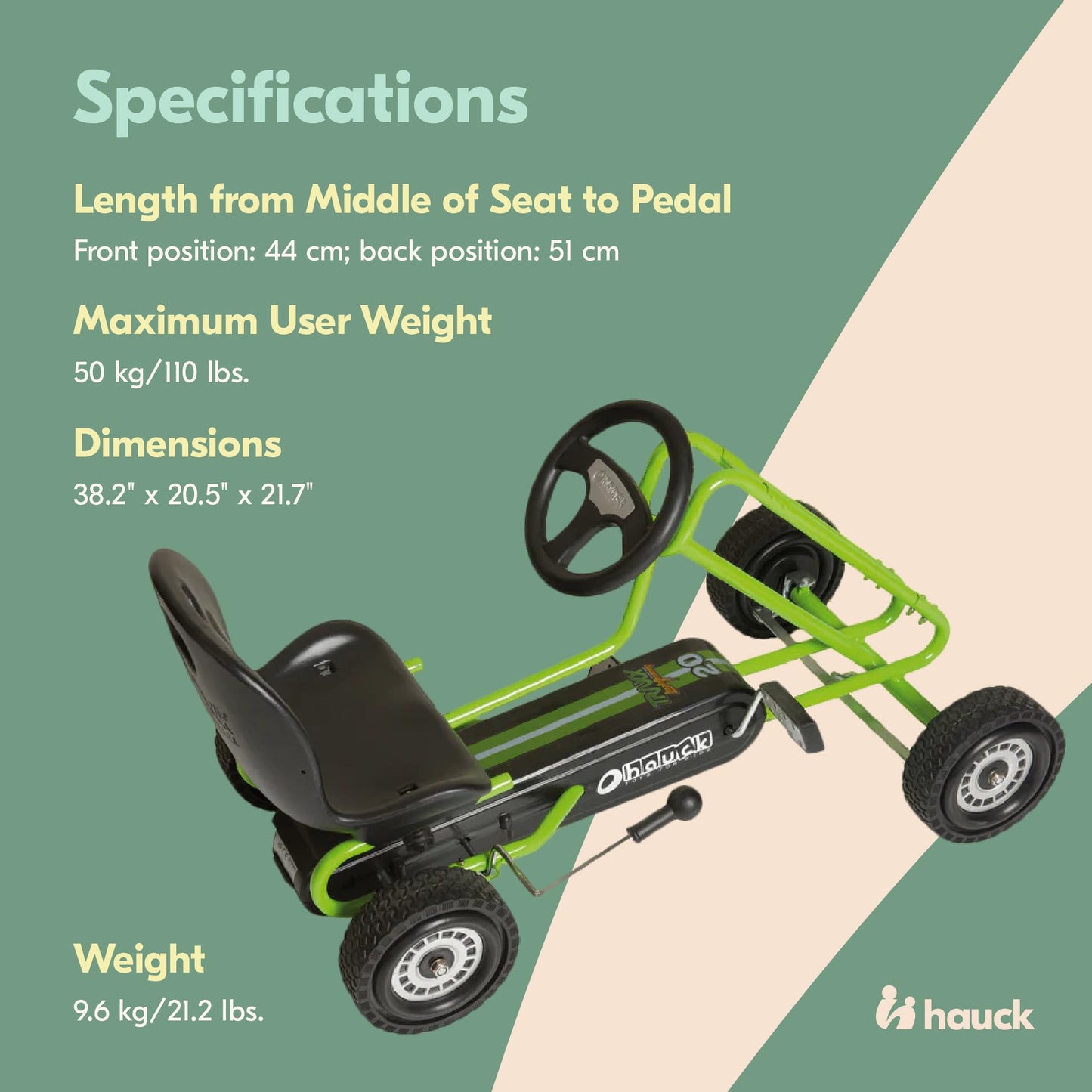 Hauck Kids Pedal Go Kart, 4 Wheel Bike Cart, Ages 4-8, Lightning Ride, Race Green