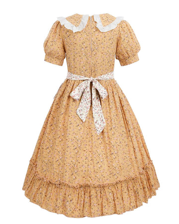 Nuoqi Prairie Dresses For Girls, Yellow Laura Ingalls Wilder Costume Pioneer Colonial Dress With Apron, 4-5
