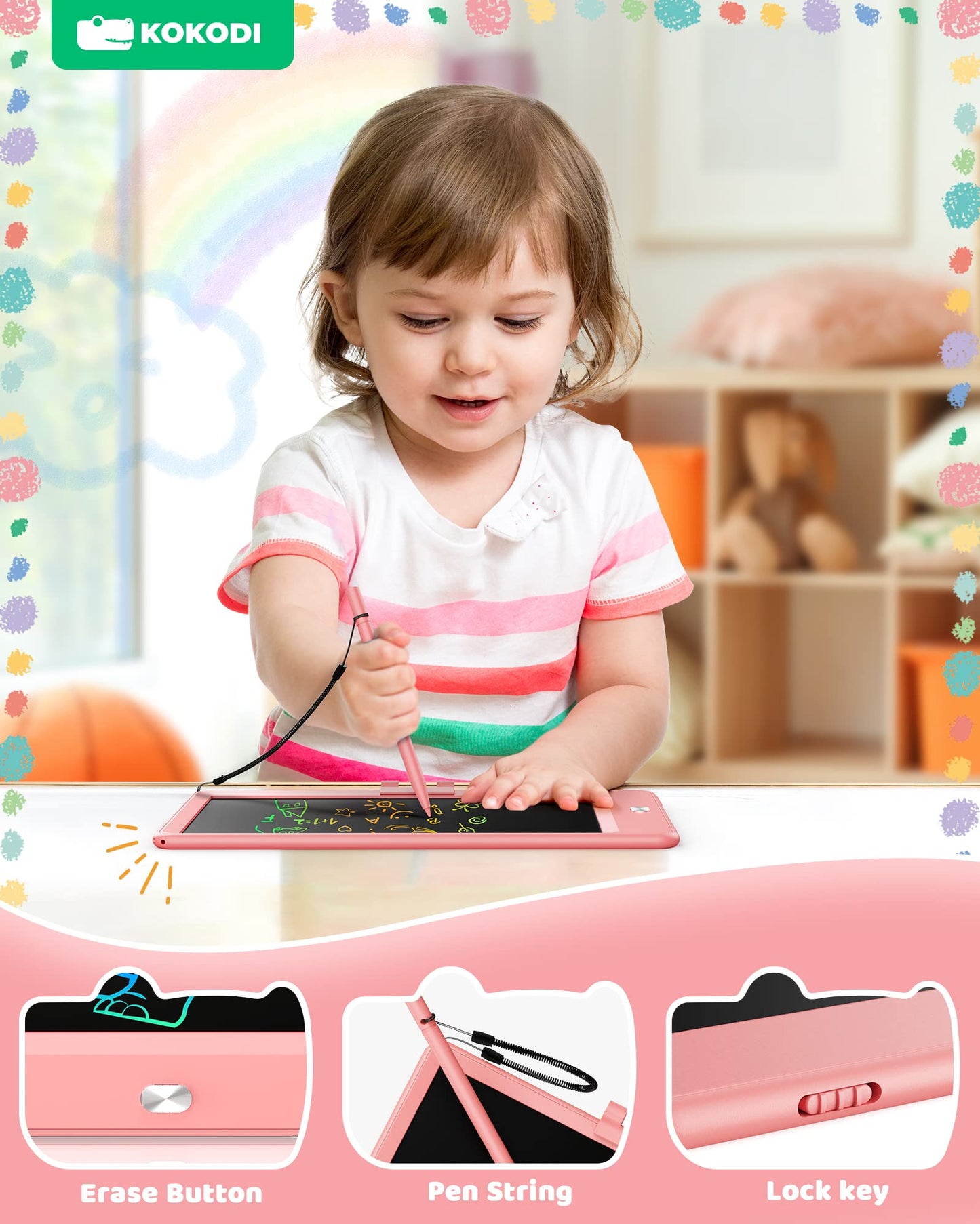 Kokodi Lcd Writing Tablet, Valentines Day Gifts For Kids,10 Inch Colorful Toddler Doodle Board Drawing Tablet, Erasable Reusable Electronic Drawing Pads, Educational And Learning Toy For Kids