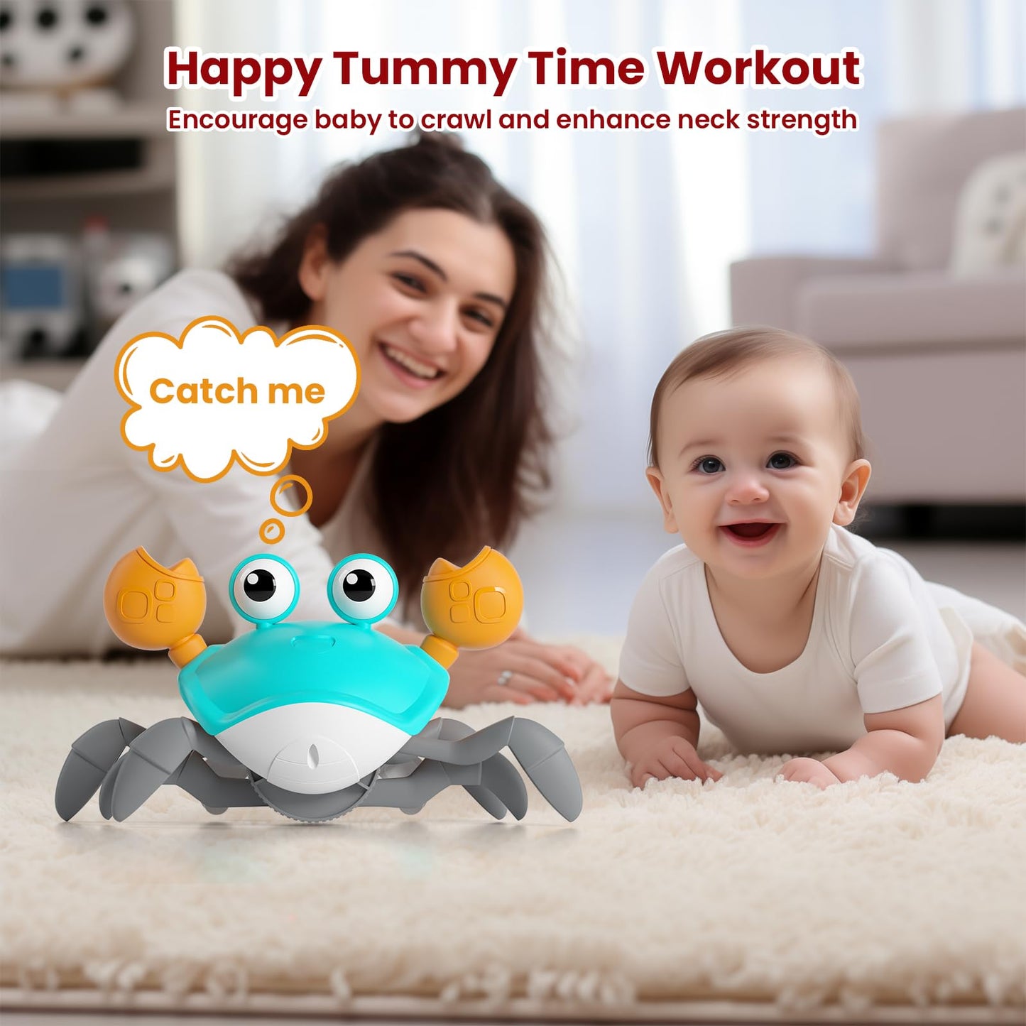 Crawling Crab Baby Toy - Infant Tummy Time Crab 3 4 5 6 7 8 9 10 11 12 Crab Toys For Babies Boy 3-6 6-12 Learning Crawl 9-12 12-18 36 Months Walking Toddler Development Birthday Gifts With Dancing