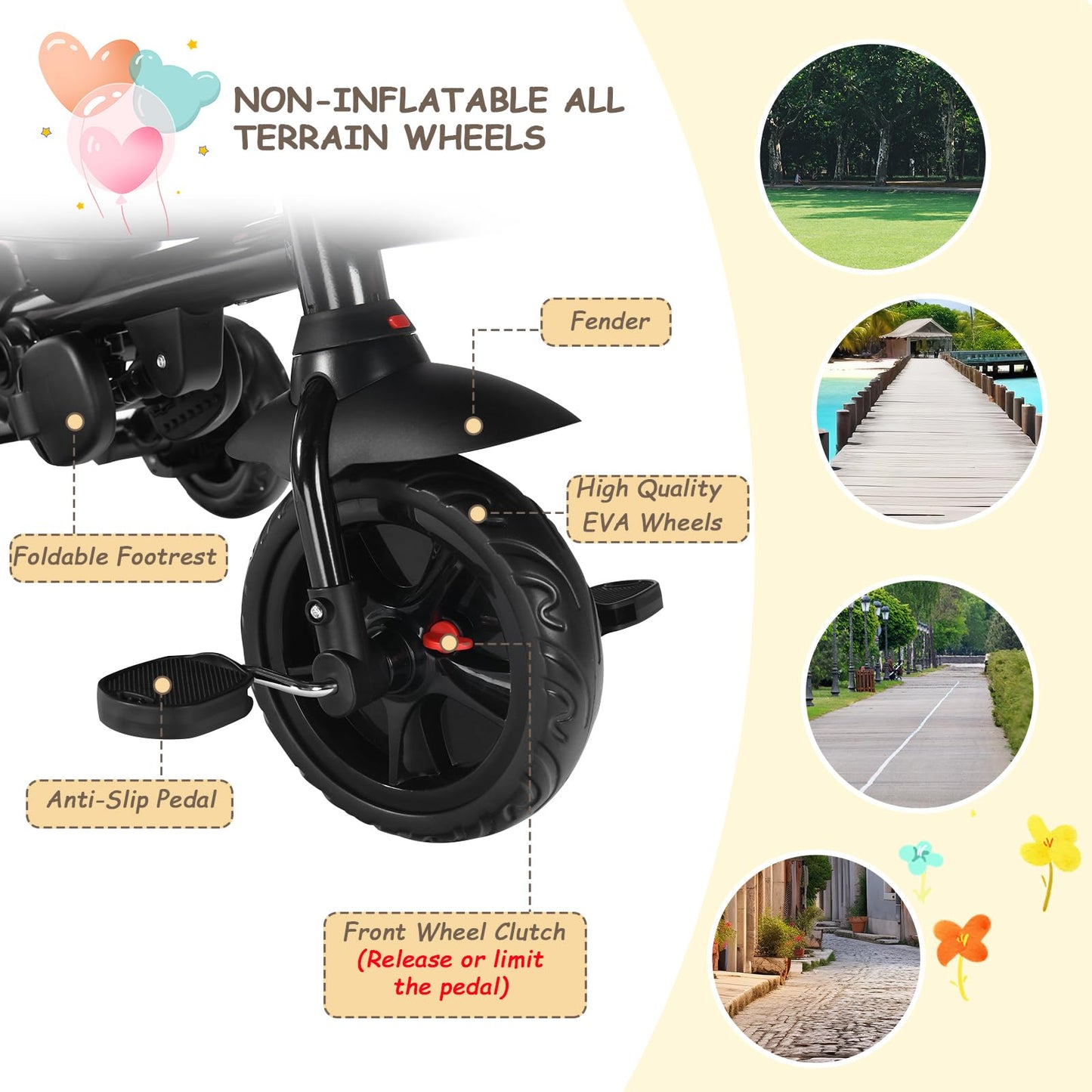 Kinder King Kids Tricycle, 7 In 1 Folding Toddler Trike W/Adjustable Push Handle, Rotatable Seat, Adjustable Canopy, Safety Harn