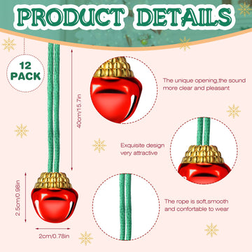 12 Pieces Christmas Bell Necklaces Large Bell Gold Red Green Christmas Bell Necklaces for Craft Holiday Party Supplies (Stylish