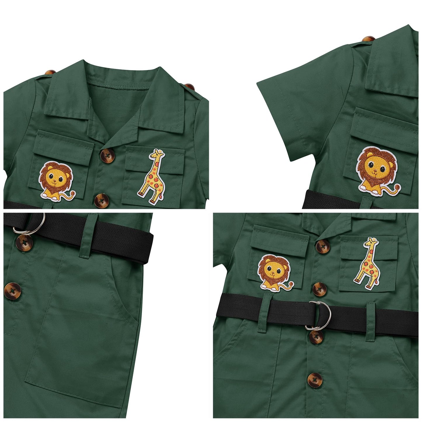Idopip Baby Girls Wild Safari Outfit First Birthday Romper + Hat Jumpsuit Toddler Summer Party Clothes Set Overall Shorts Photo Shoot Bodysuit With Belt Green 6-12 Months