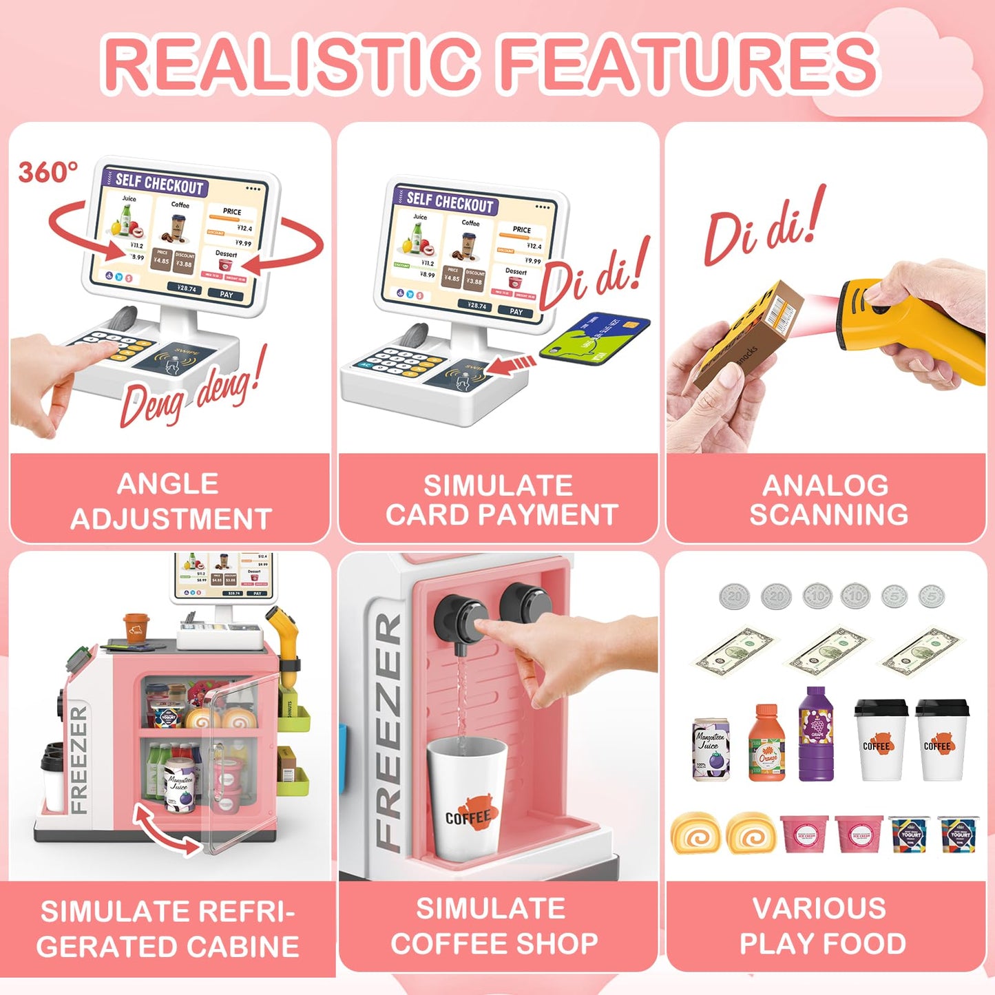 Deao Cash Register Toy Coffee Shop- 3-In-1 Interactive Pretend Play Set With Water Dispenser & Real Calculator, Learning Toy For