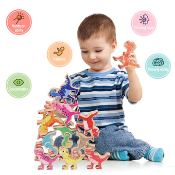 Aulege Wooden Stacking Dinosaur Toys, Dinosaur Building Blocks Set For Kids 4+ Years Old, Birthday Gift For Boys And Girls