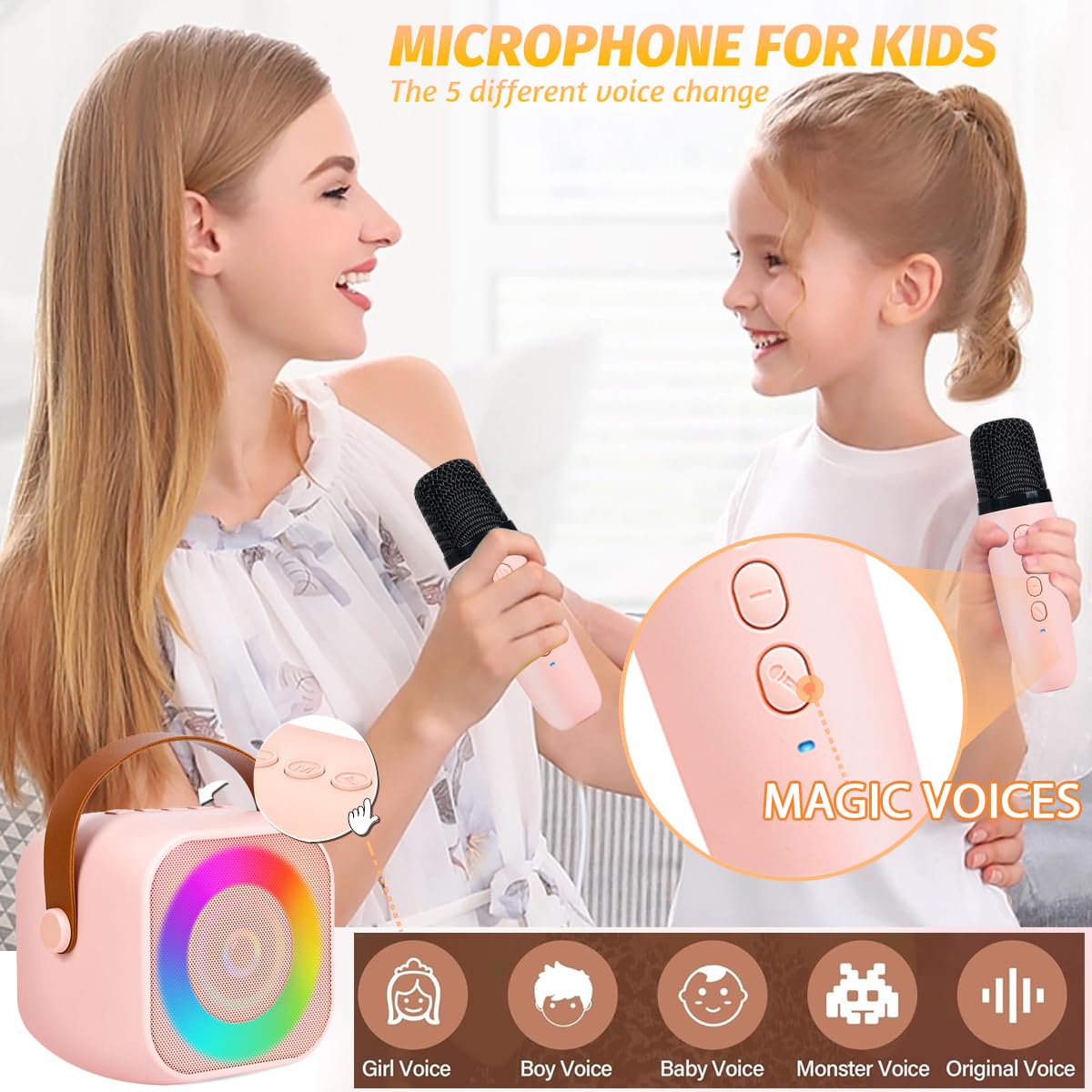 Karaoke Machine Microphone For Kids, 8-12 Years Old Girl Gift Toys Portable Bluetooth Speaker With Wireless Microphone And Led Lights, Birthday Gifts For Girls Ages 4, 5, 6, 7,9, 10 Singing Mic-Pink