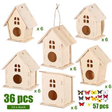 Sawysine 93 Pcs DIY Birdhouse Kits for Kids to Build, 36 Wooden Bird House 6 Shapes and 57 Butterfly Sticker for Children Spring