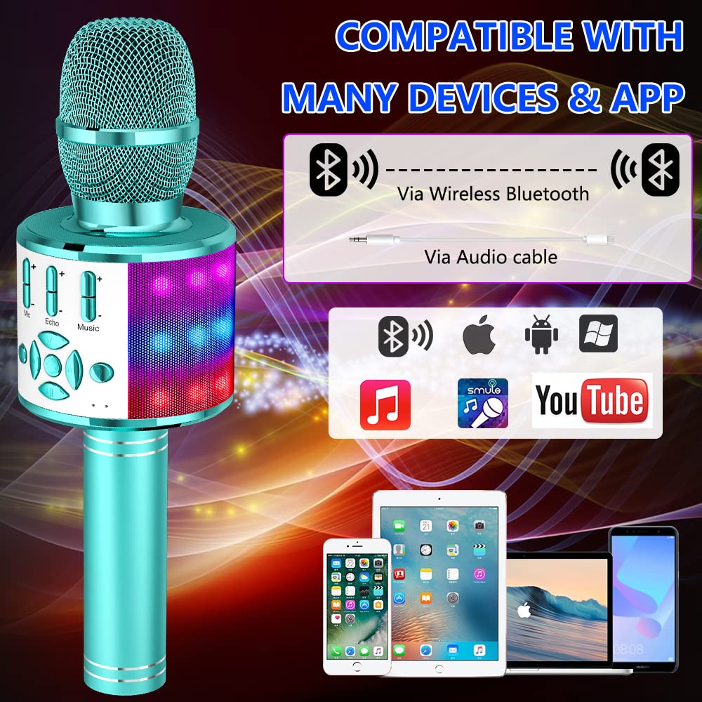 Amazmic Kids Karaoke Microphone Machine Toys For Girls Bluetooth Microphone With Led Light, Birthday Gift For Girls Boys 3 4 5 6 7 8 9 10 11 12 Year Old Kids Toys(Blue)