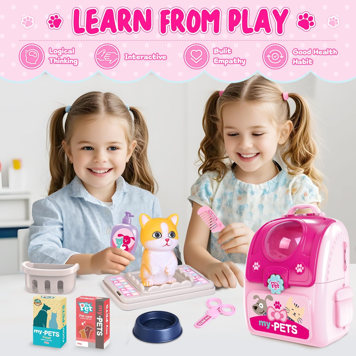 Shemira Girl Toys Gifts for 3 4 5 6 Years Old, Pet Care Playset for Kids, Pet Care Pretend Play Toys for Kids with Toy Cat &Stor