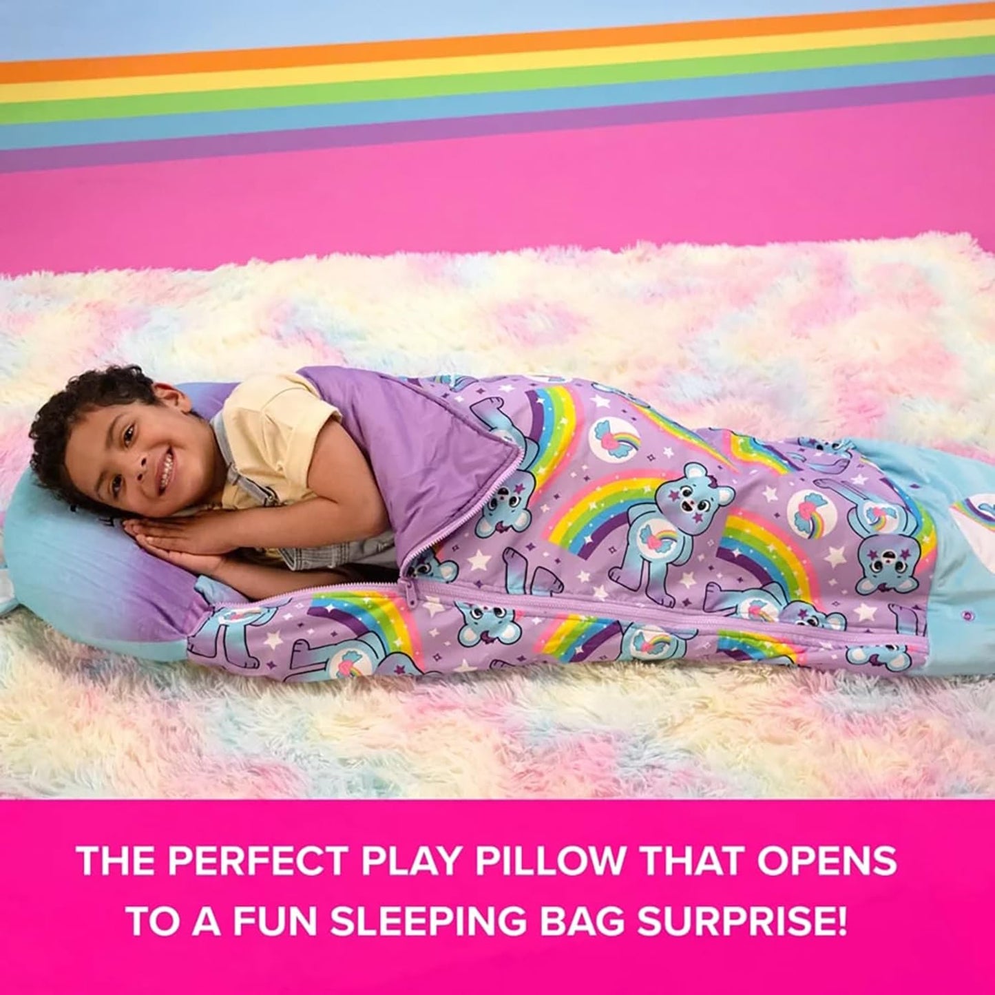 Happy Nappers: Care Bears Sleep Sack Large - Dream Bright Bear - 66 X 30, 2-In-1: Plush Character Opens Into Sleeping Bag, Soft