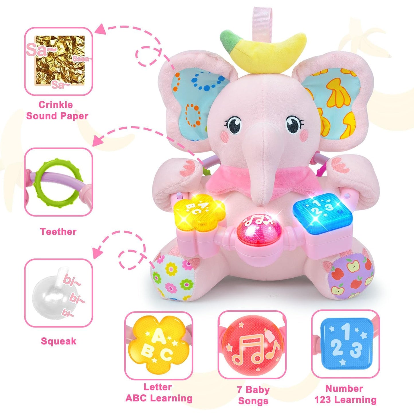 Holaxander Baby Elephant Musical Stuffed Animals Toy With Light-Up Music & Crinkle Sound Paper,Infant Bilingual Early Learning E
