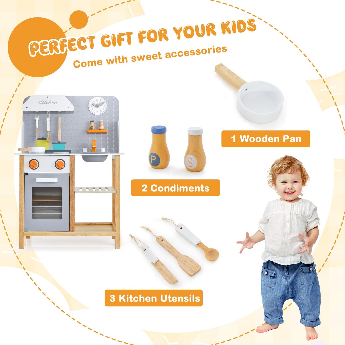 HONEY JOY Kids Kitchen Playset, Toddler Wooden Play Kitchen Set w/Sink, Stove & Oven, Cooking Accessories, Large Storage Cabinet