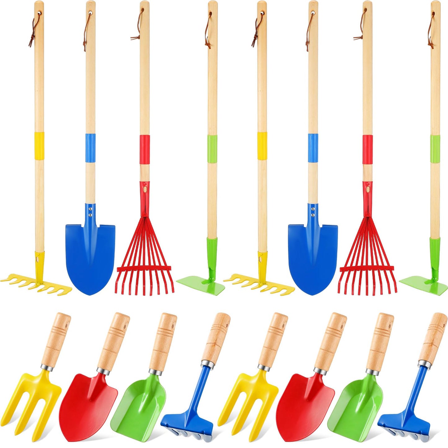 Motionchic 16 PCS Kids Gardening Tools, Long Shovel, Rake for Leaves, Spade, Hoe, Steel Heads and Real Wood Handle, Yard Tools f