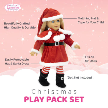 Playtime By Eimmie 18 Inch Doll Clothes And Accessories - Christmas Holiday Dress With Matching Santa Hat & Shawl - Clothing Sets & Stuff - Fits American, Generation & Similar 18” Dolls For Girls