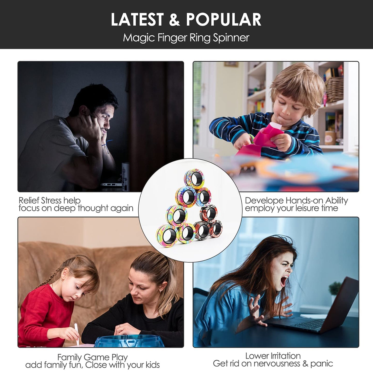 Mboutrising 9Pcs Magnetic Ring Fidget Spinner Toys Set, Newest Camo Fingers Magnet Rings, Adhd Stress Relief Magical Toys For Tr