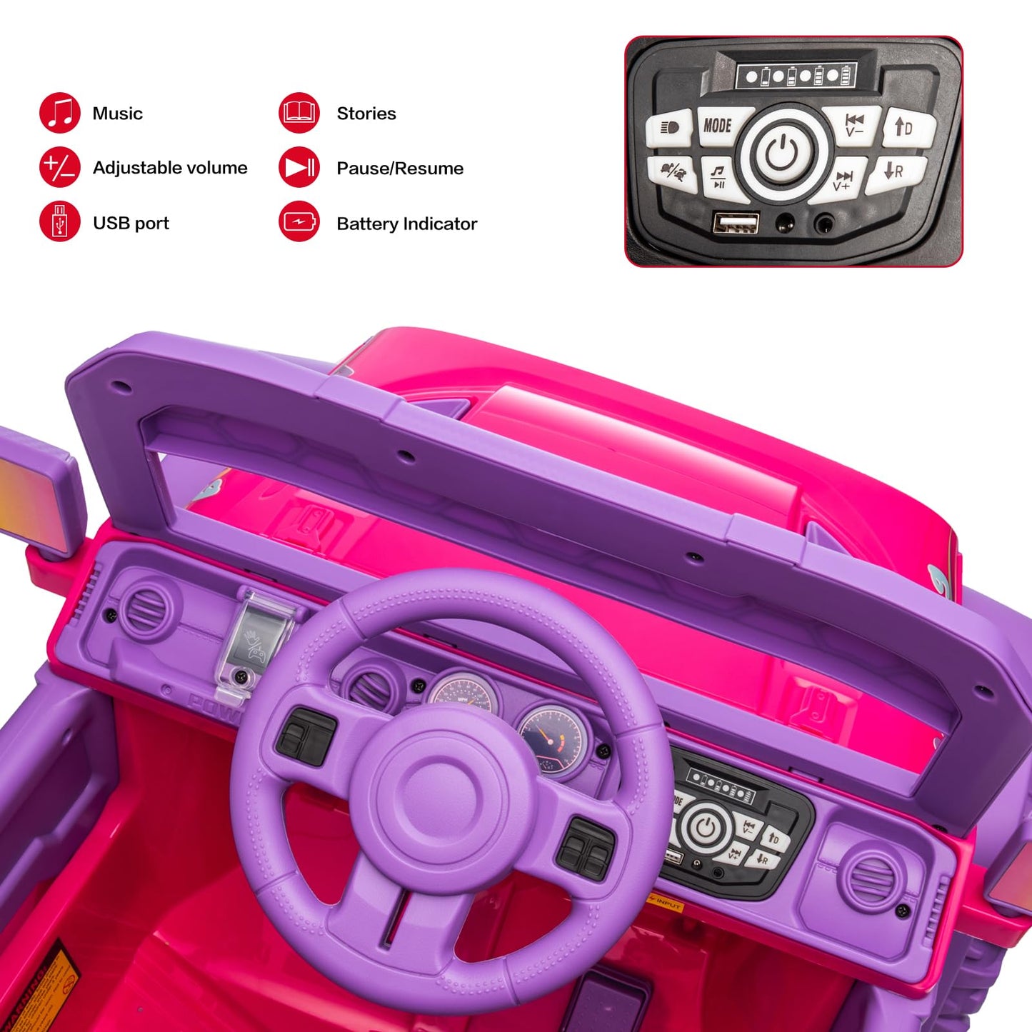 Modern-Depo 12V Kids Ride On Car Unicorn Truck With Diy Stickers, Manual/Remote Control Electric Car With Led Lights, 2 Motors, 2 Speeds, Openable Doors, Spring Suspension, Music Player, Purple / Pink
