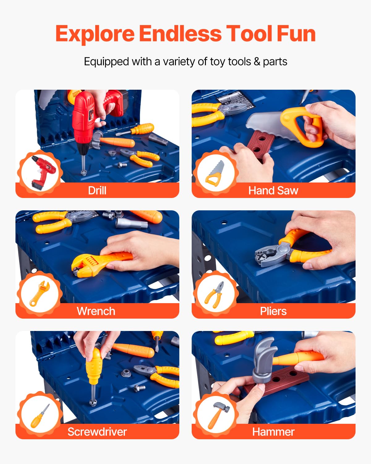 VEVOR Kids Tool Bench, 56-Piece Toddler Tool Bench with Realistic Tools Electric Drill, Pretend Play Toy Tool Bench Gift for Boy