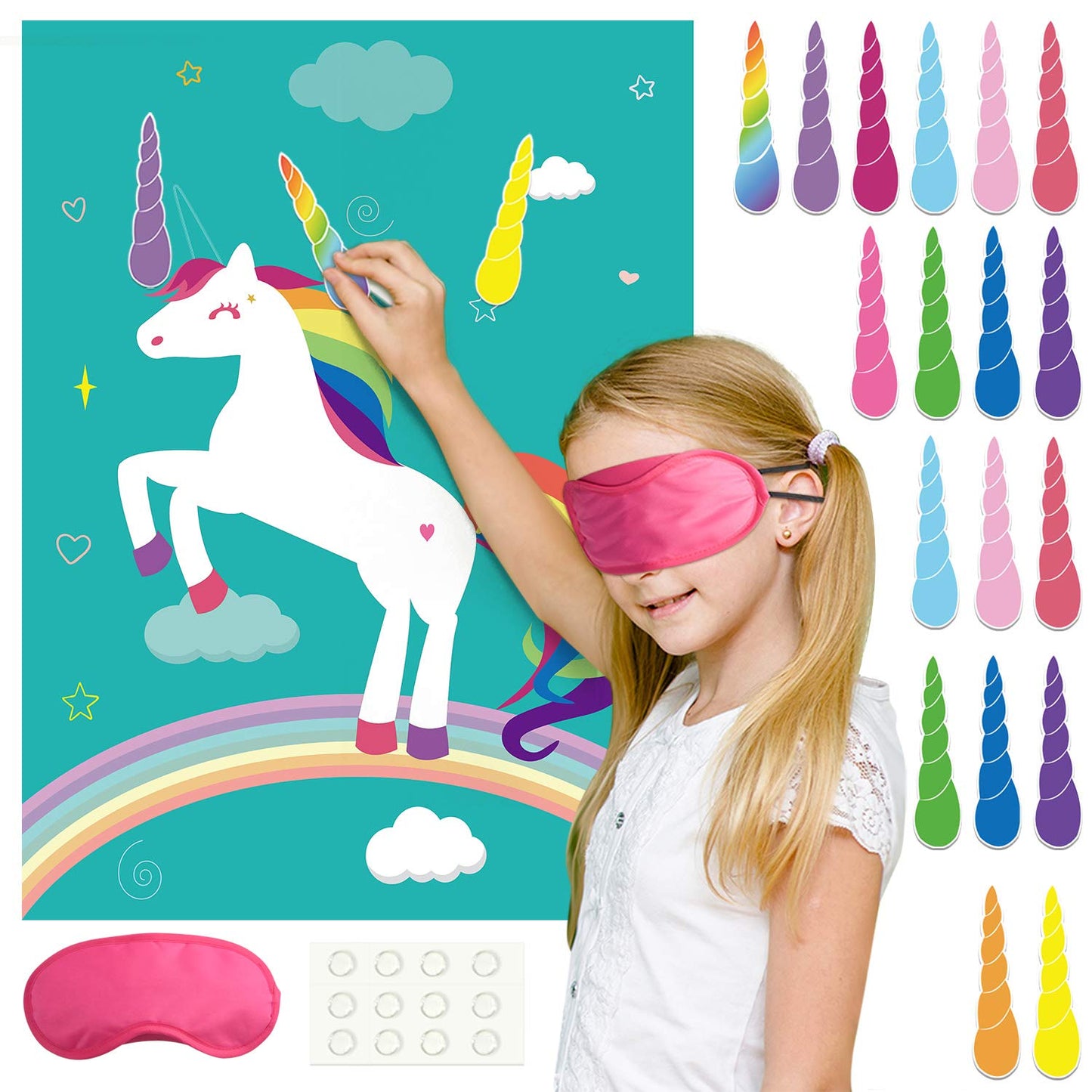 FEPITO Pin The Horn on The Unicorn Birthday Party game with 24 Horns for Unicorn Party Supplies Kids Birthday girls Rainbow Part
