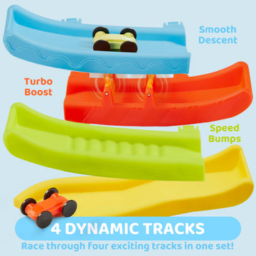 Toddler Toy For Babies Age 18M+, 4-Layer Car Ramp Race Track With 4 Cars, Multiple Parking Spaces And Button Trigger Start, Birt