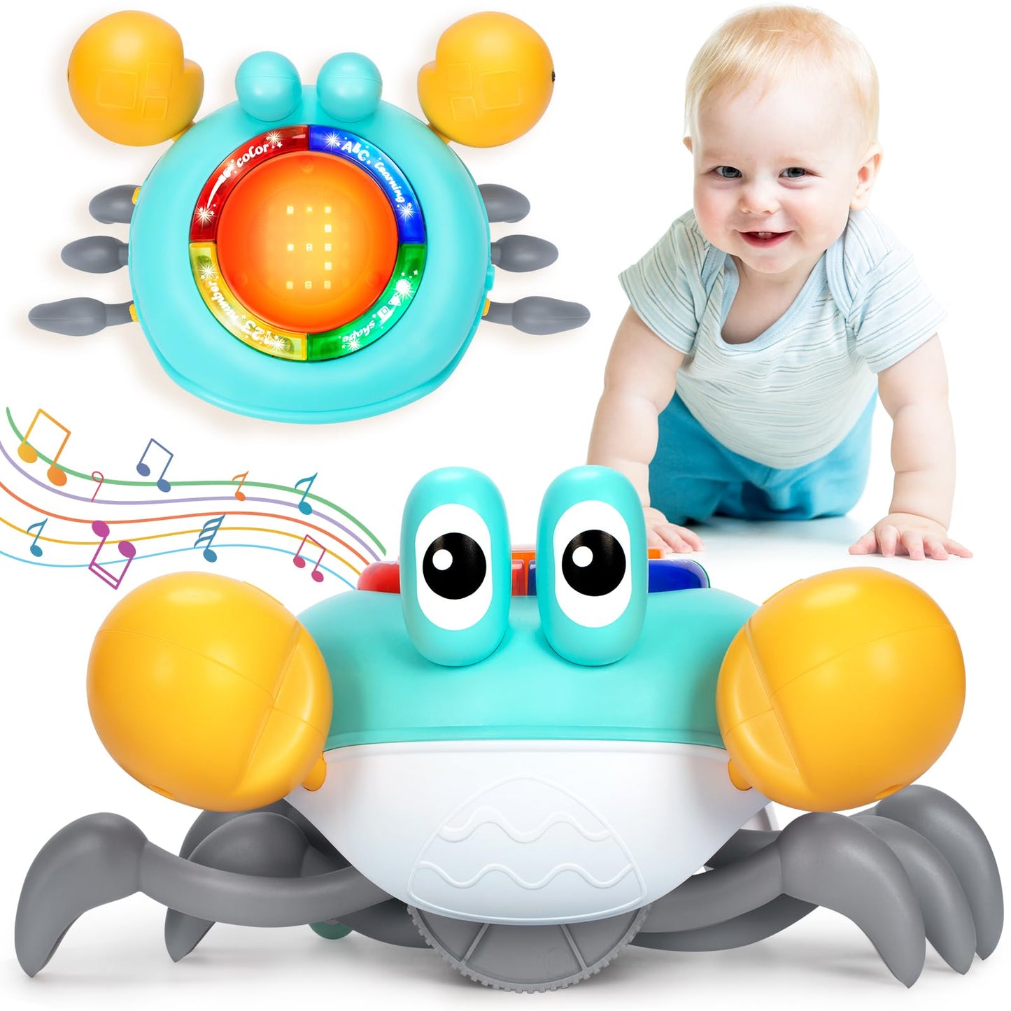 Musical Crawling Crab Baby Toy, Tummy Time Toy For 6-12 Month Boy Girl, Light-Up Walking Dancing Moving Crab Toy For 1 Year Old