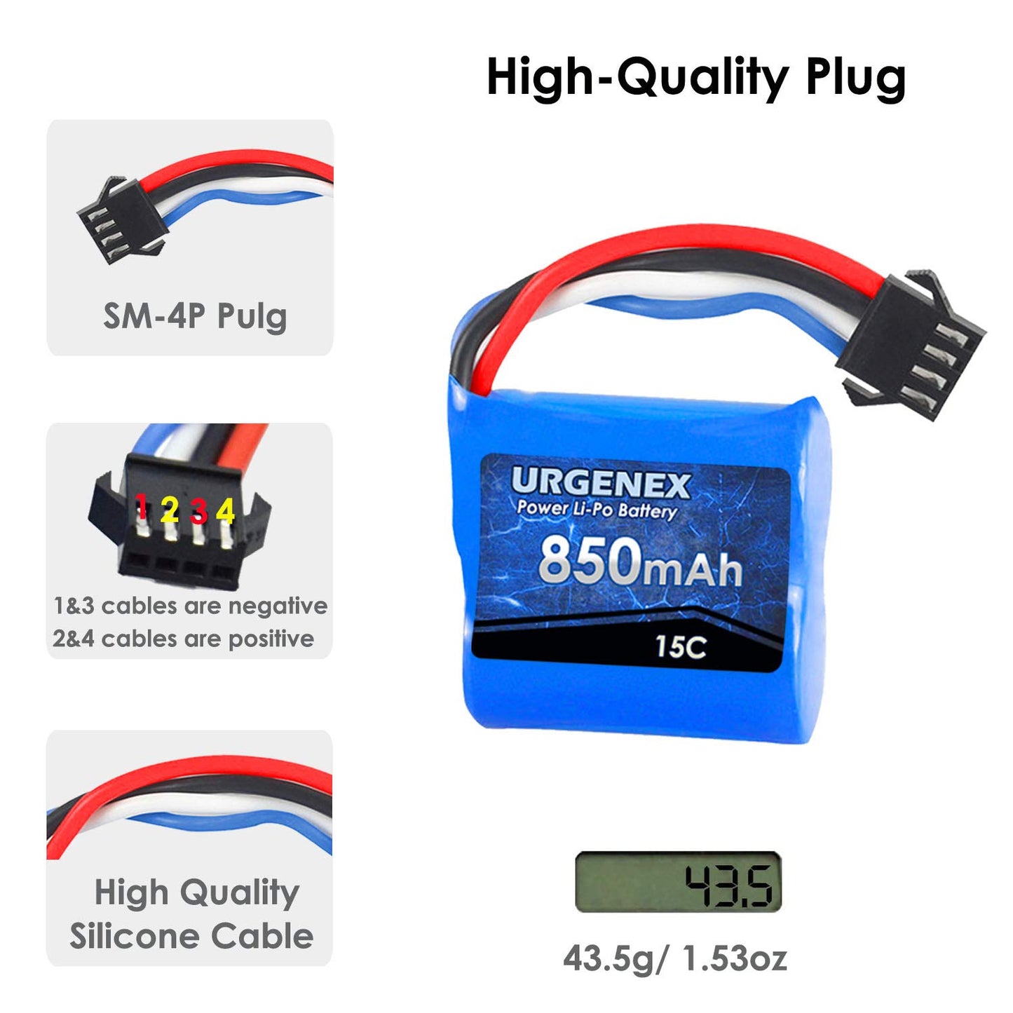 URGENEX Lipo Battery 850mAh 7.4V(2 x 3.7V) RC Boat Battery with SM-4P Plug UDI001 RC Boats Batteries Compatible with RC Boat UDI