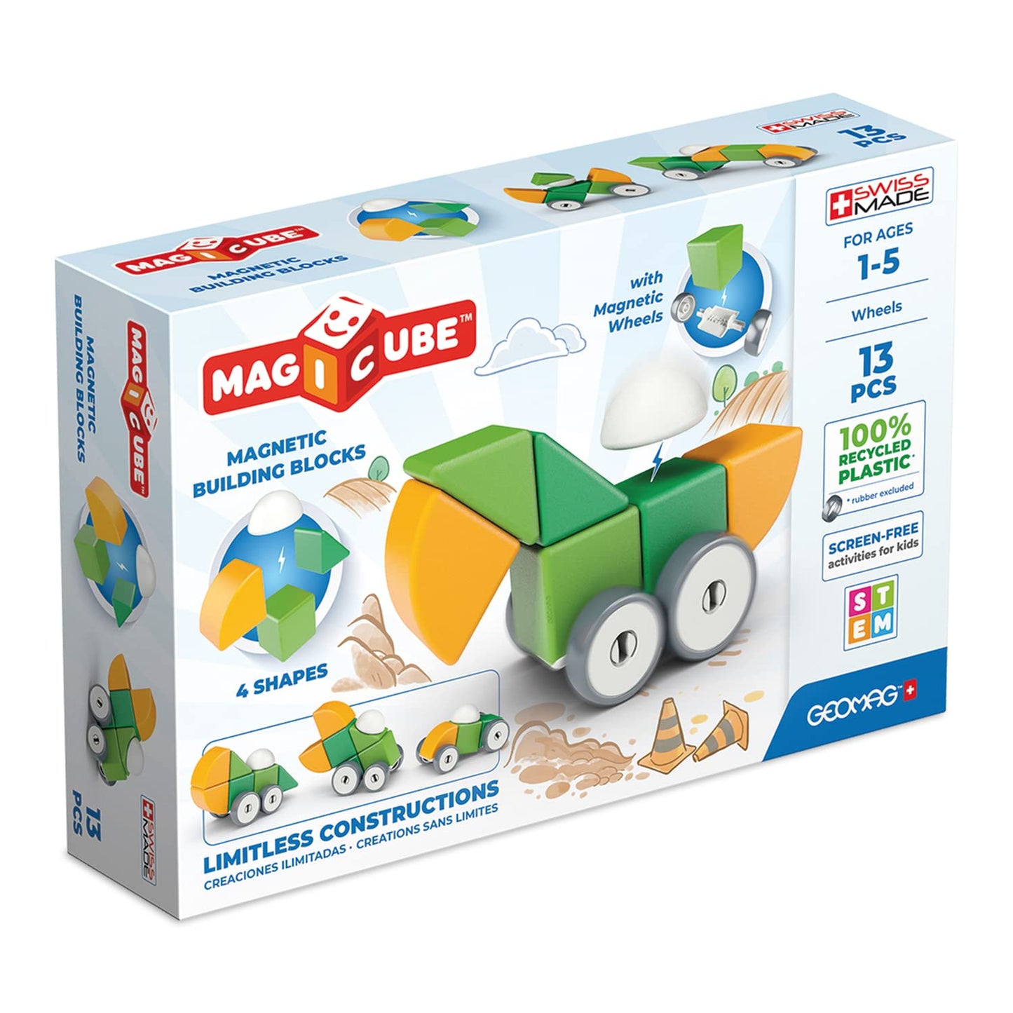 Geomag Swiss-Made Magicube 13-Piece Magnetic Shapes & Wheels Building Set, Cars & Characters, Stacking Blocks For Toddlers & Kid