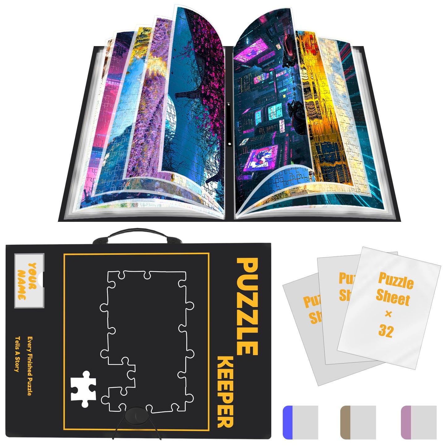 Doerpuz Puzzle Storage Folder for 1500pcs with Labeling Tabs & Name Card Pocket, Portable Puzzle Keeper,Jigsaws with Handle,32.6