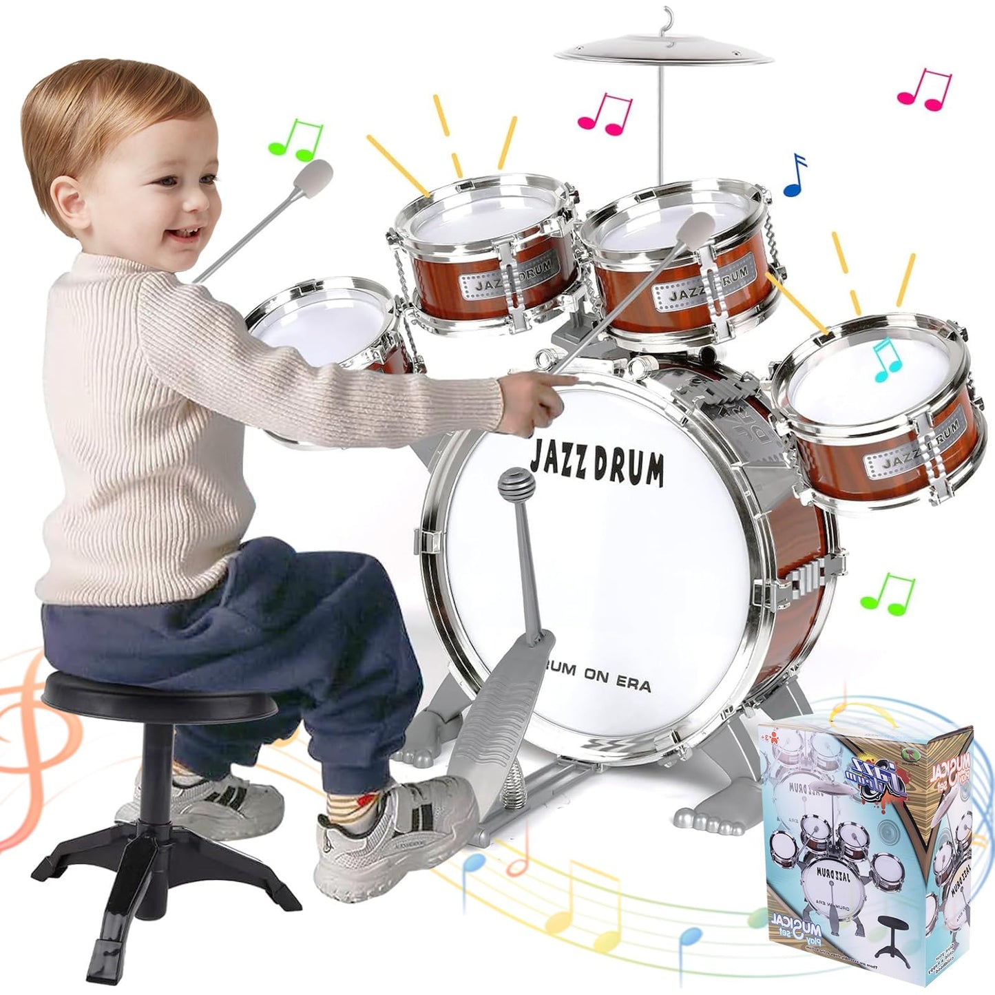 Kids Drum Set, Toddler Jazz Drum Music Toys 5 Drums With Stool Pedal Percussion Musical Instruments Drum Birthday Early Educatio