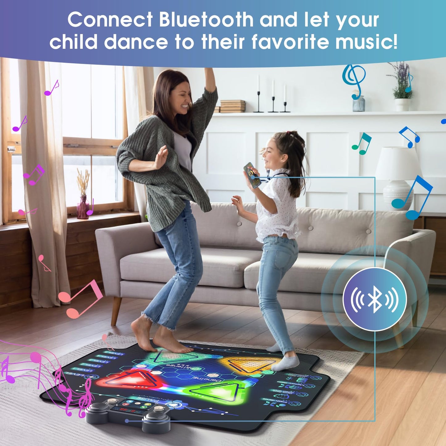 Zefinot Dance Mat For Kids Ages 3-12 Year - Dance Mats With Light Up 4-Buttons & Wireless Bluetooth,Music Dance Mat With 4 Game